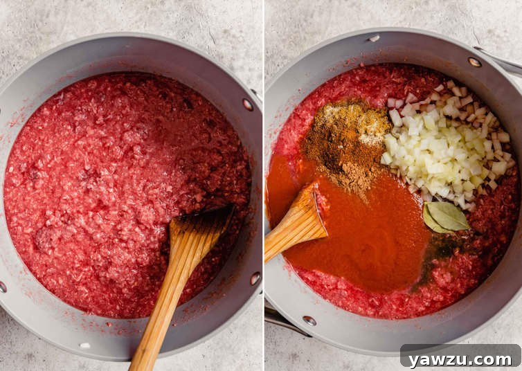 Mixing together all of the ingredients for Cincinnati chili in a big pot before simmering. This illustrates the 'all-in' cooking method.