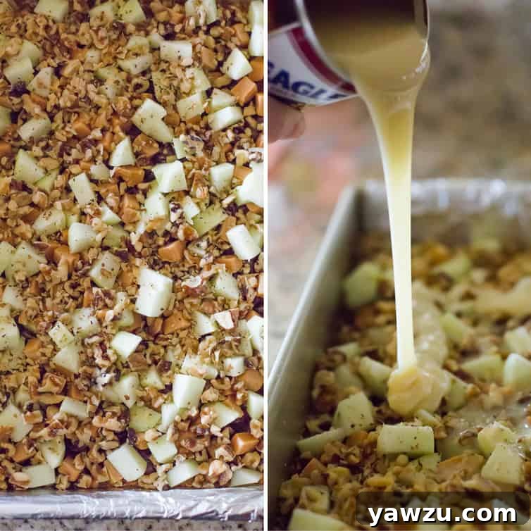 A baking pan filled with layers of caramel apple magic bar ingredients, ready for the oven.