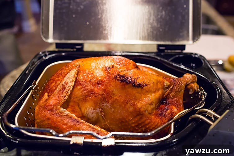 A freshly fried turkey, golden brown and perfectly crispy, resting on a deep fryer. The turkey is moist and tender on the inside, with an irresistible crunchy skin.