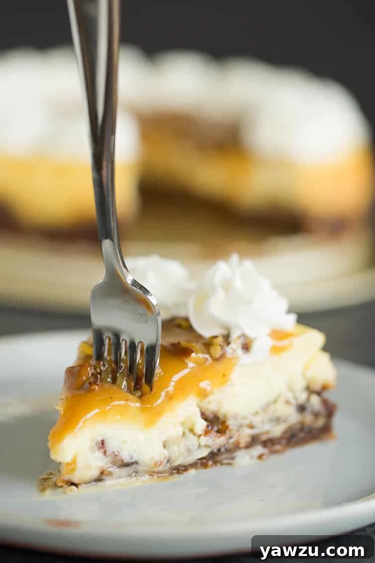 A fork gracefully entering a perfectly set slice of pecan pie cheesecake, revealing its distinct layers.