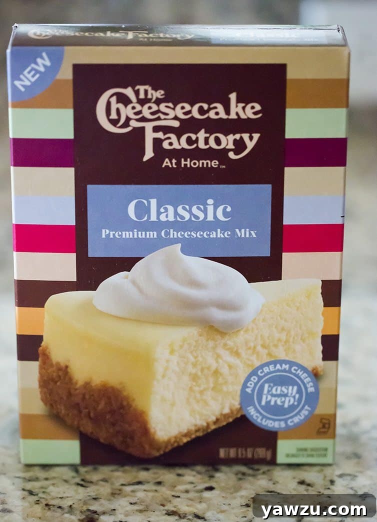 A close-up of a box of The Cheesecake Factory At Home Cheesecake Mix, showcasing its inviting packaging.