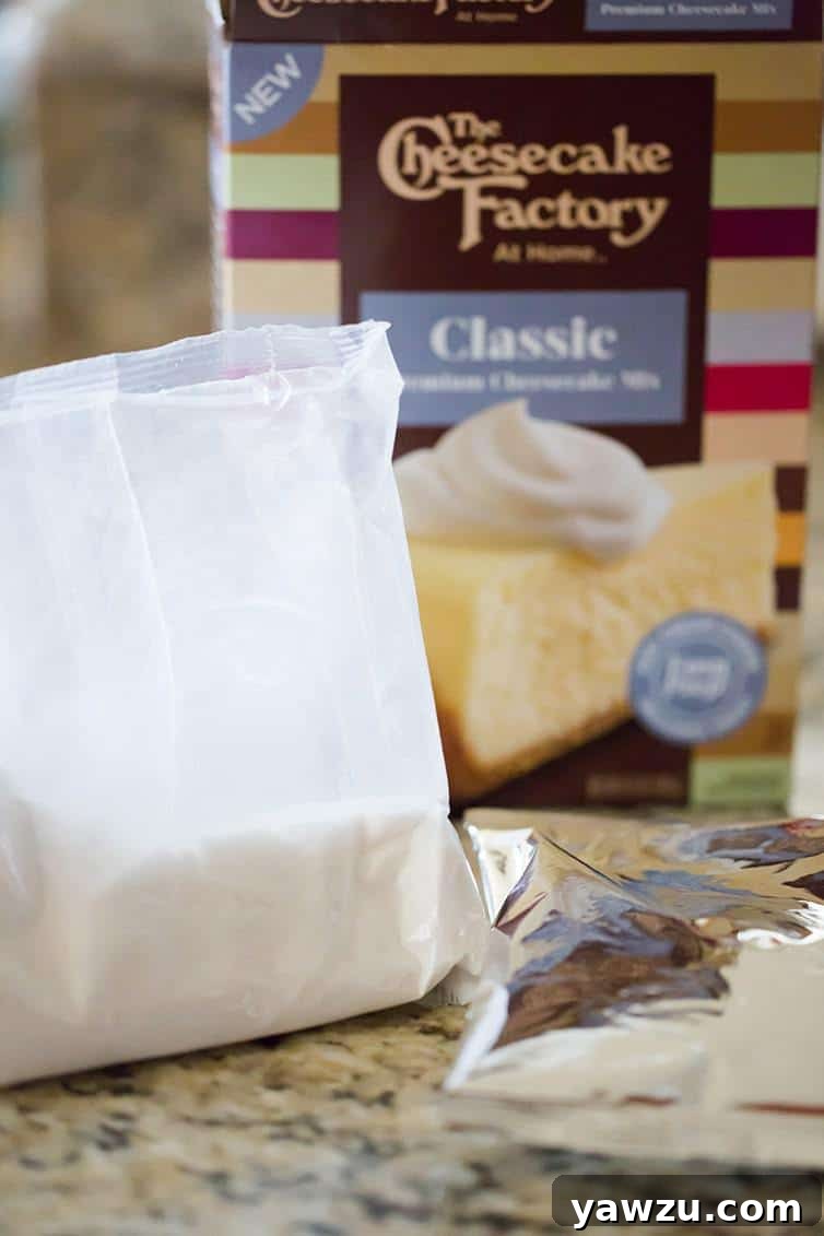 An opened box of The Cheesecake Factory At Home Cheesecake Mix, displaying the crust and cheesecake pouches inside.