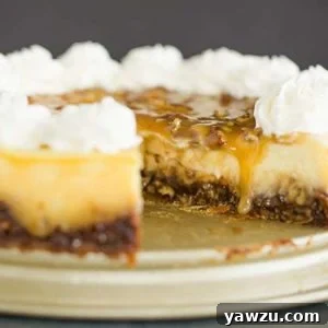 A whole pecan pie cheesecake with a slice removed, displaying the layers.
