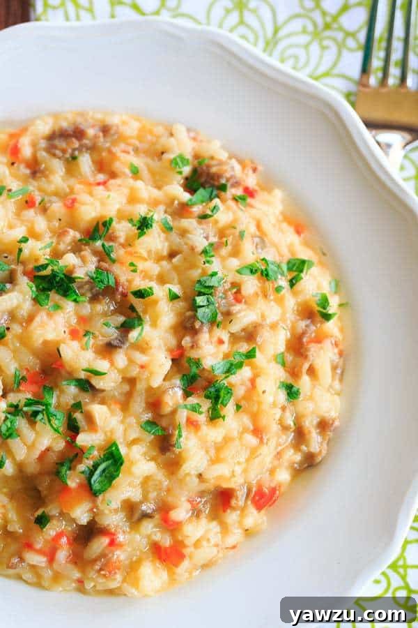 Sausage, Pepper & Mushroom Risotto - A hearty meal that needs only Italian bread and a big salad as an accompaniment! A close-up shot of the creamy, flavorful risotto ready to be served.