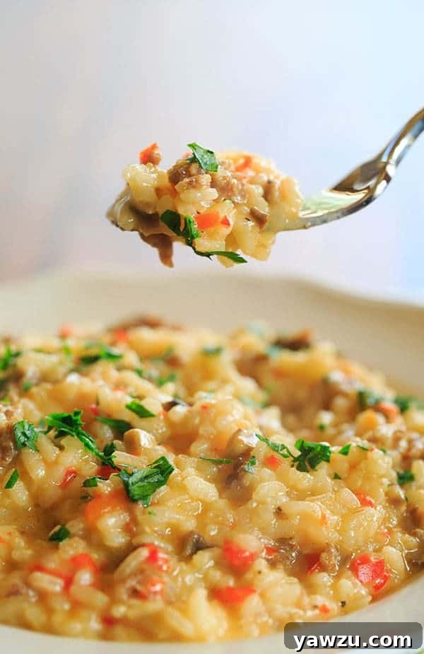 A wide shot of the ready-to-serve Sausage, Pepper & Mushroom Risotto in a rustic bowl, garnished with fresh parsley.