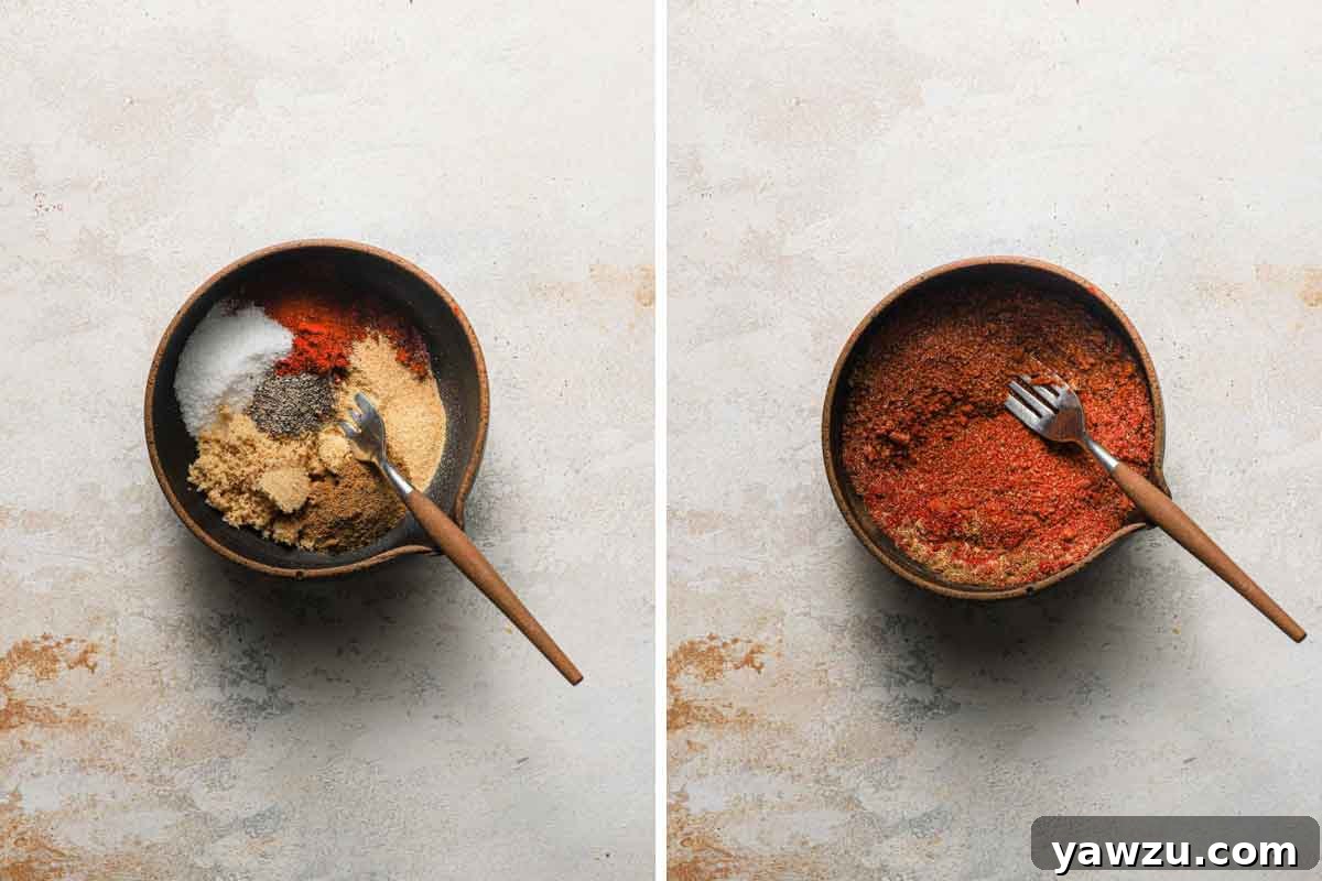 Side by side photos showing the seasoning blend being mixed in a small bowl and then sprinkled over chicken wings in a large bowl.