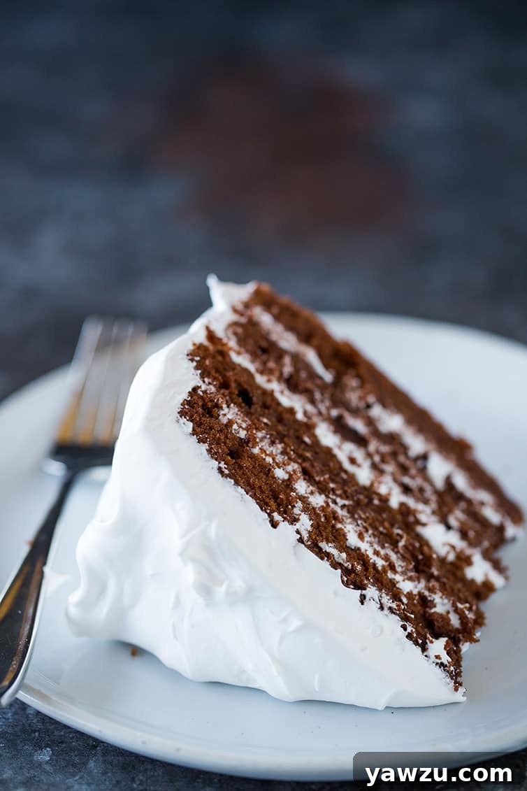 A decadent slice of four-layer Devil's Food Cake, rich and moist, served on a white plate with a fork, ready to be enjoyed.