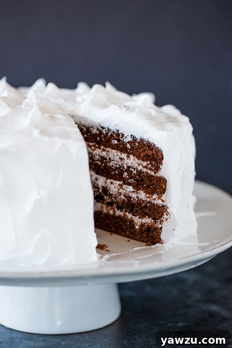 A beautifully frosted Devil's Food Cake on a stand, with one slice removed, revealing its deep, dark layers.