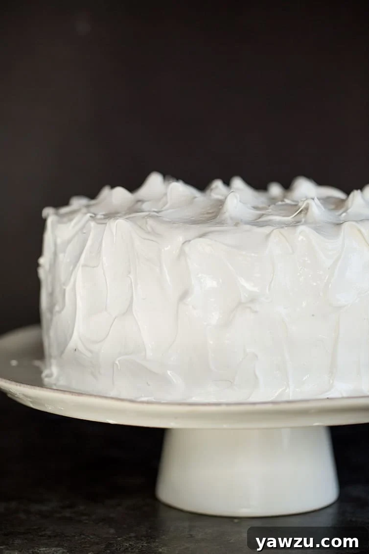 A close-up view of a whole Devil's Food Cake, elegantly frosted with fluffy 7-minute frosting, presented on a pristine white serving plate.