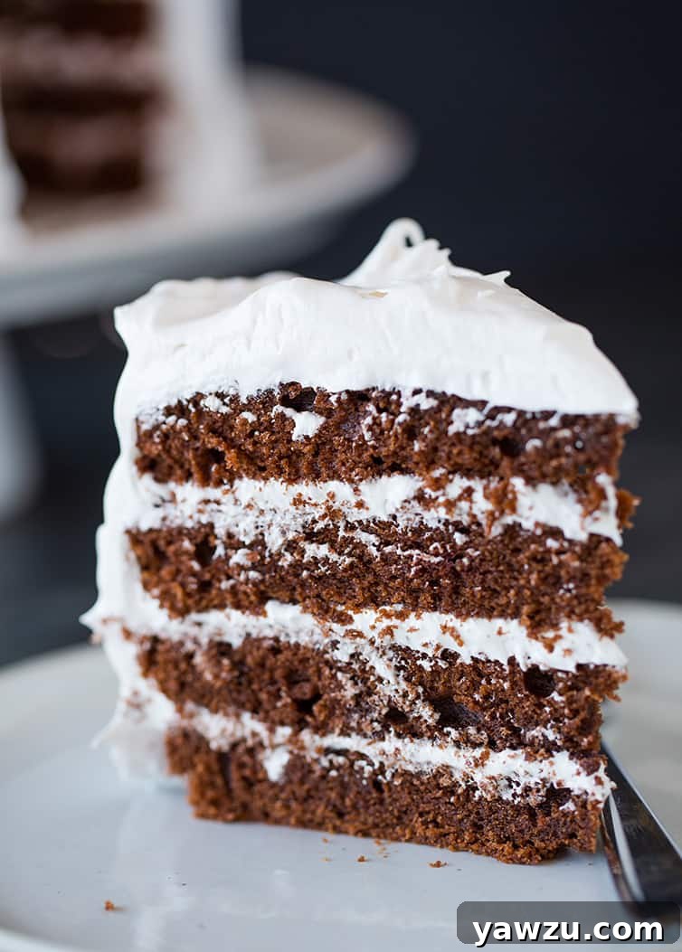 A cross-section of a slice of Devil's Food Cake, showcasing its multiple moist layers separated by generous dollops of airy 7-minute frosting.