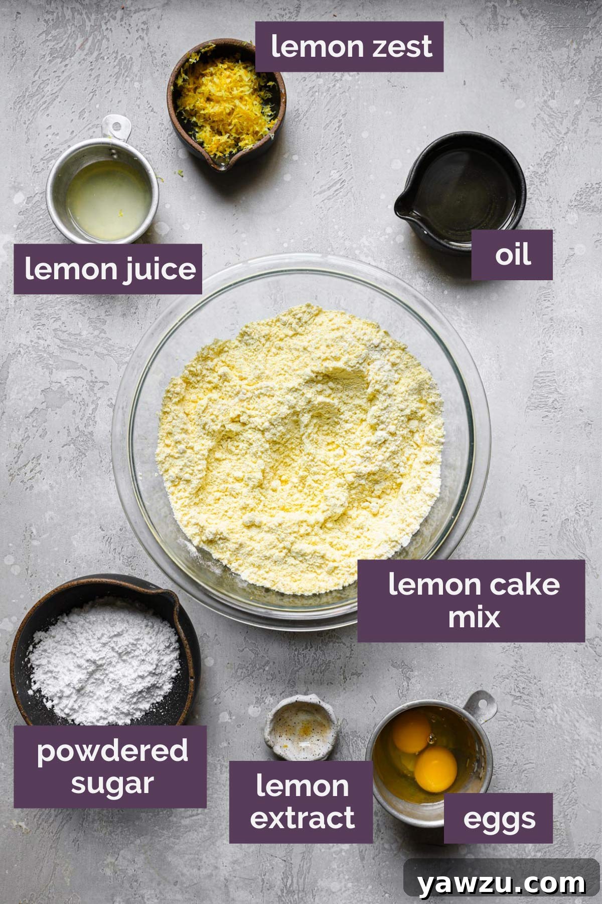 An overhead shot of the ingredients needed to make these lemon burst cookies with each ingredient labeled.