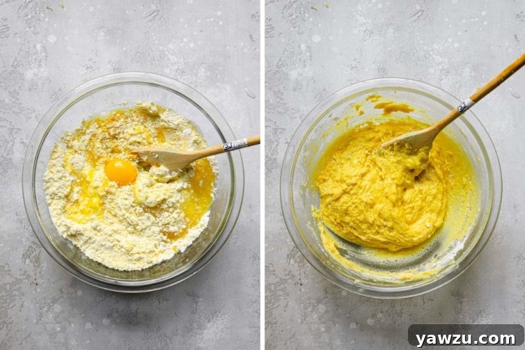 Preparing the lemon crinkle cookie dough by combining dry and wet ingredients in a bowl.
