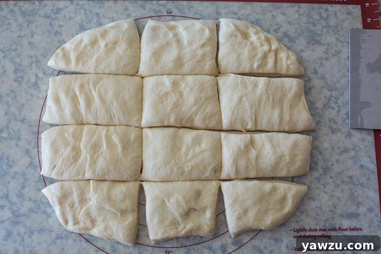 Milk Bread dough rolled out and cut into 12 pieces.