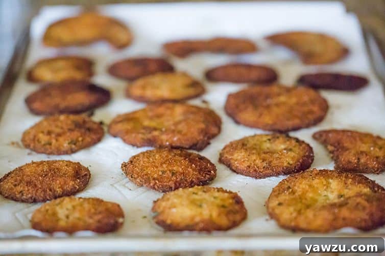 Freshly fried eggplant slices draining on paper towels to remove excess oil.
