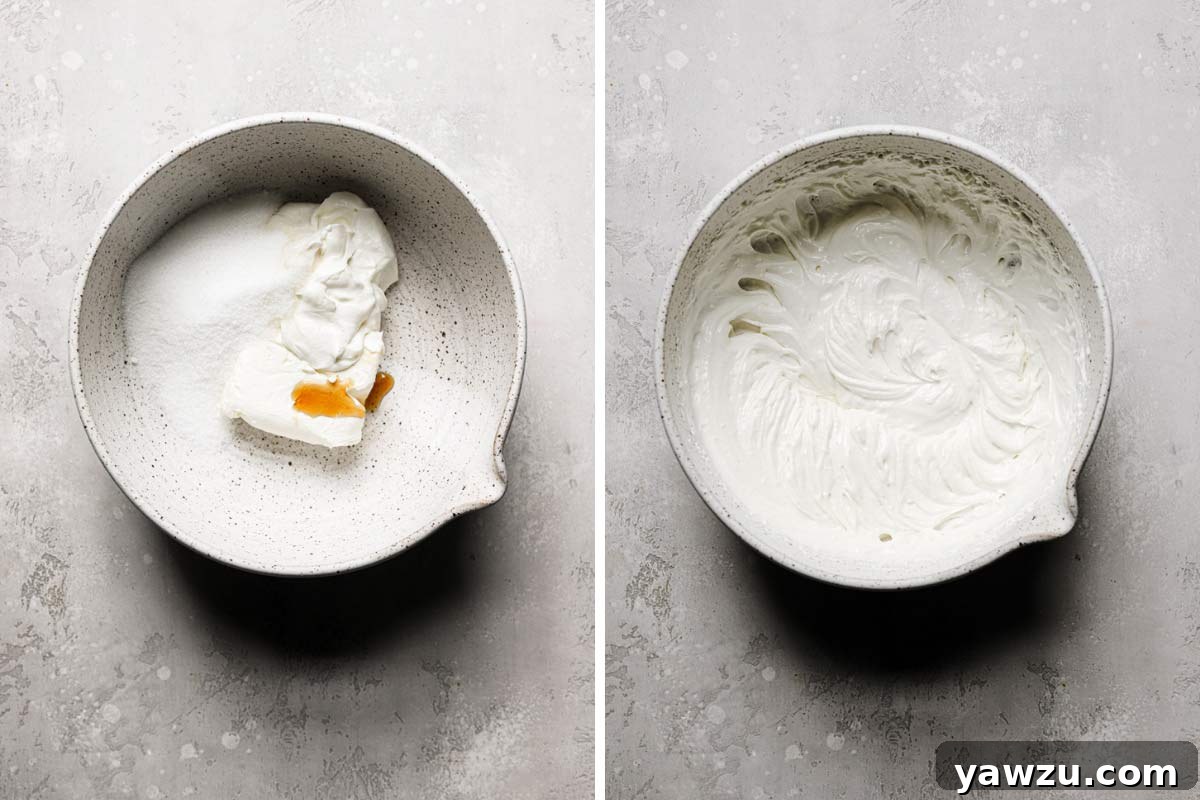 A side-by-side image illustrating the initial ingredients and the smooth, creamy mixture of the homemade cream cheese dressing for this easy grape salad.