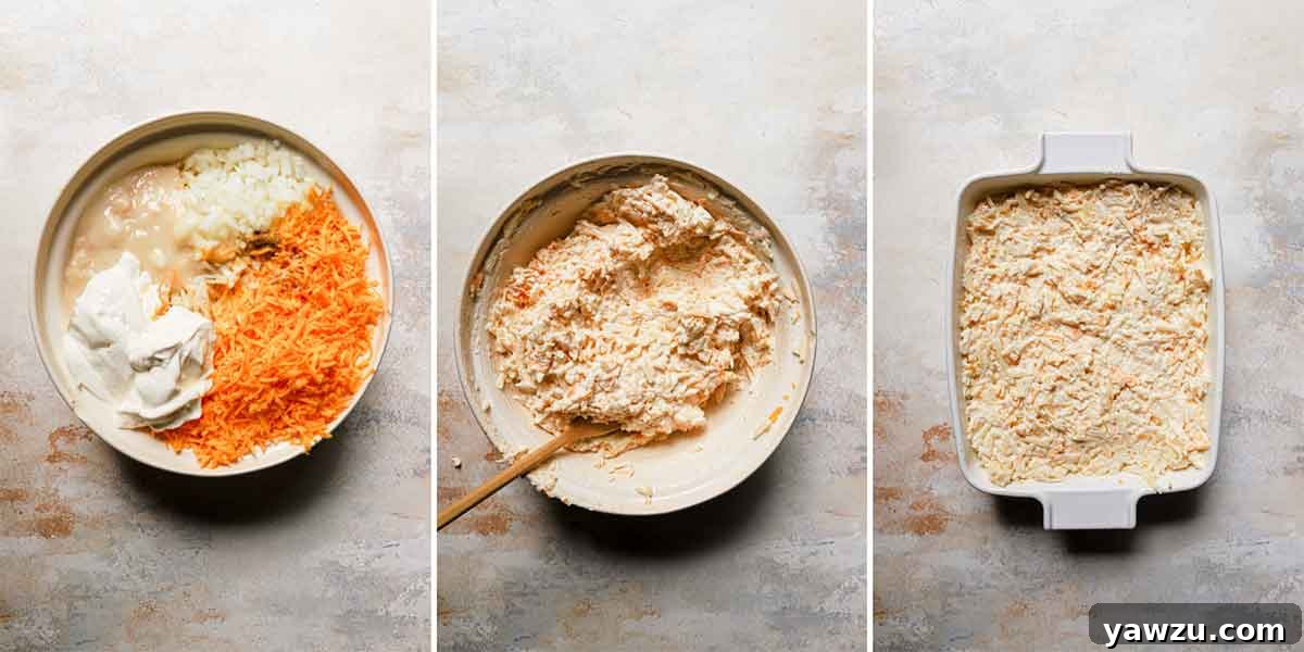 Step by step photos of hashbrown casserole being mixed together and spread in a baking dish, illustrating the ease of preparation.