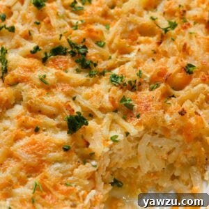 A close-up of a perfectly golden-brown hashbrown casserole ready to be served.