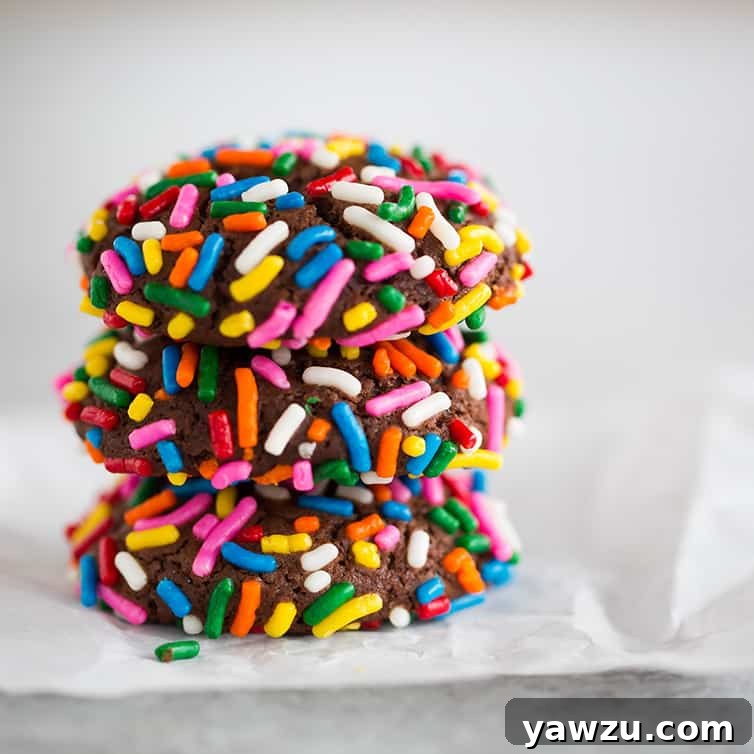 Three perfectly stacked chocolate crinkle sprinkle cookies, showcasing their vibrant coating and soft texture.