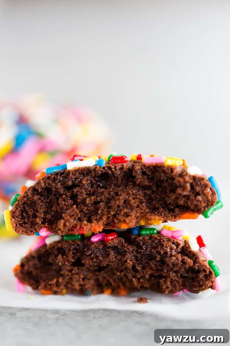 A chocolate crinkle sprinkle cookie gently broken in half, revealing its rich, fudgy interior and chewy texture.