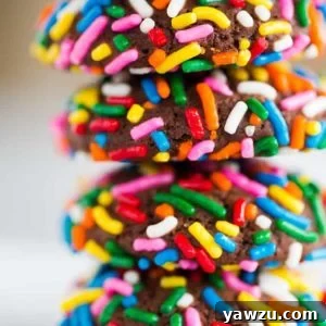 A stack of chocolate crinkle cookies rolled in sprinkles.