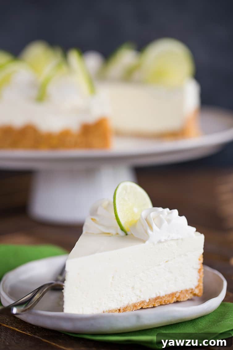A slice of key lime cheesecake on a plate in front of the whole cheesecake.