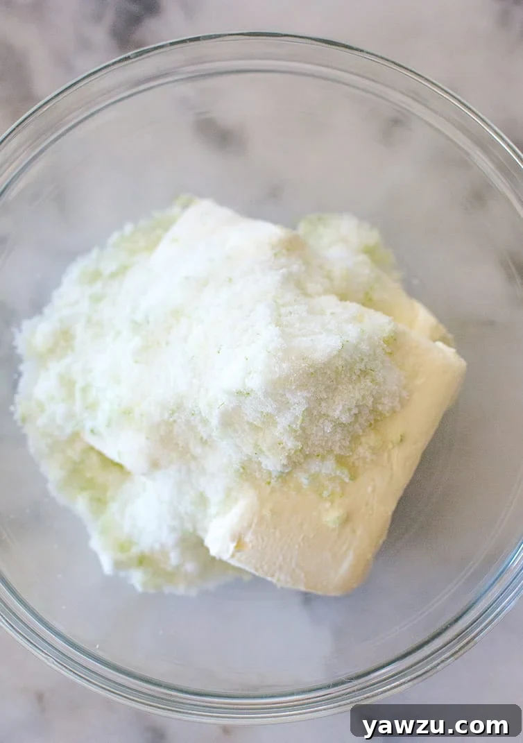 Cream cheese with lime zest-infused sugar.