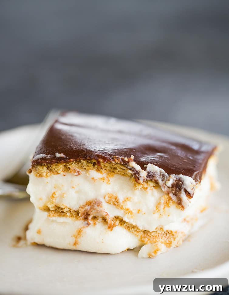 A piece of Chocolate Eclair Cake on a plate.