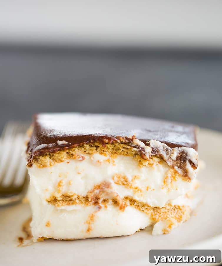 A piece of Chocolate Eclair Cake on a plate.