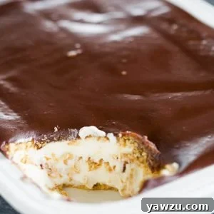 A pan of Chocolate Eclair Cake with a scoop taken out of the corner.