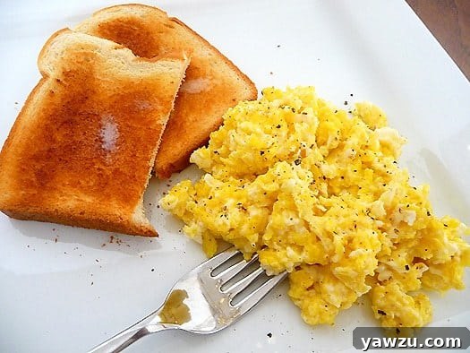 Scrambled eggs and toast on a white plate with a fork, ready to be enjoyed.
