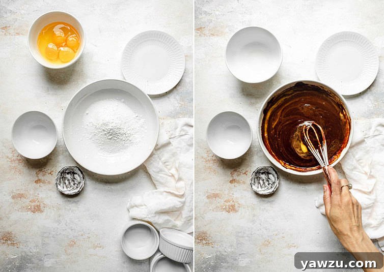 Side by side photos of mixing batter for chocolate lava cakes.