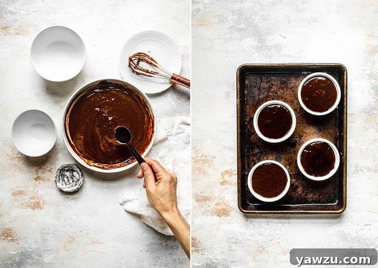 Mixing lava cake batter together and batter in ramekins on a baking sheet.