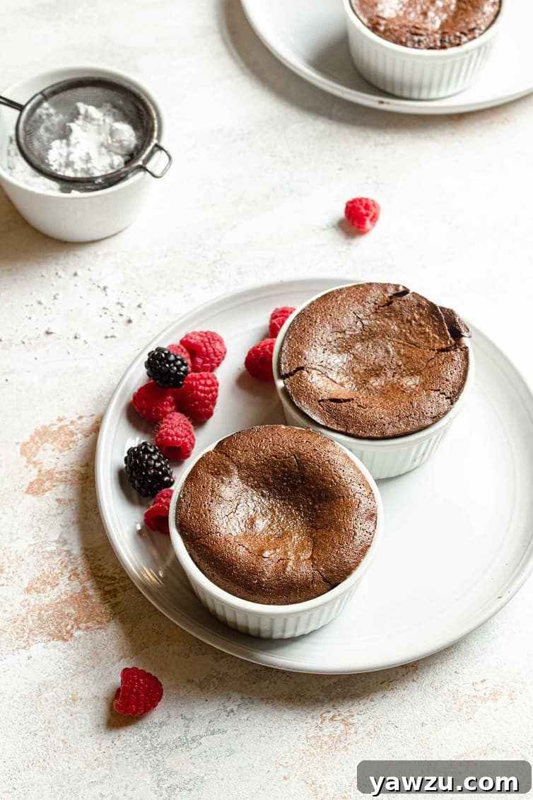 Two ramekins with chocolate lava cakes on a white plate with raspberries.