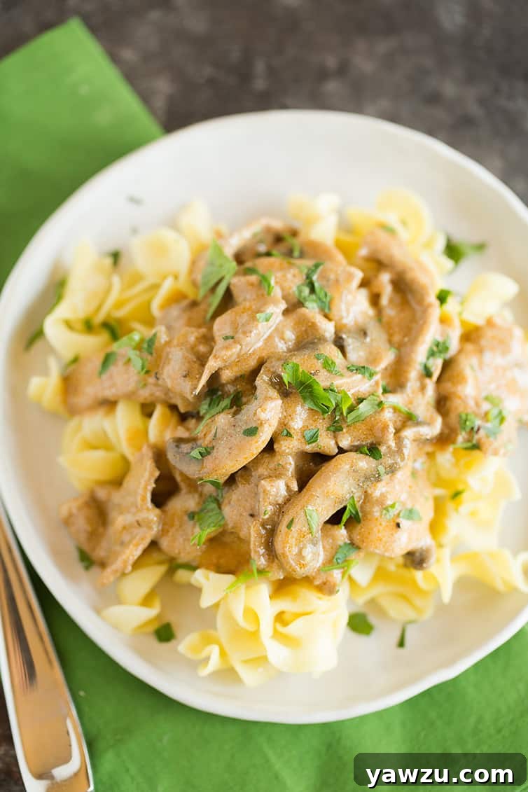 An overhead photo of a plate of Beef Stroganoff with a green napkin, beautifully presented.