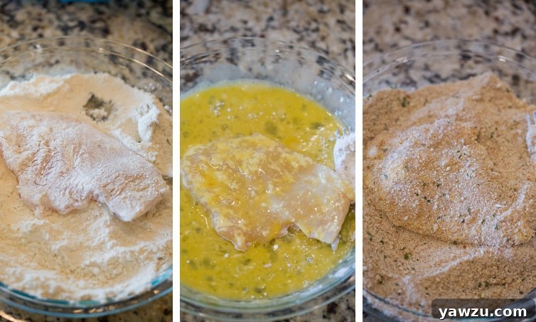 A visual guide showing three shallow bowls for breading chicken: flour, whisked eggs, and a mixture of breadcrumbs and Parmesan cheese.