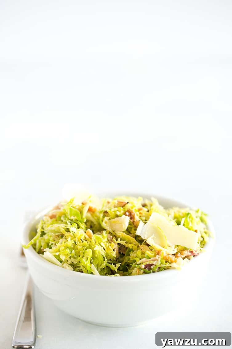 A white bowl with Brussels sprouts salad.
