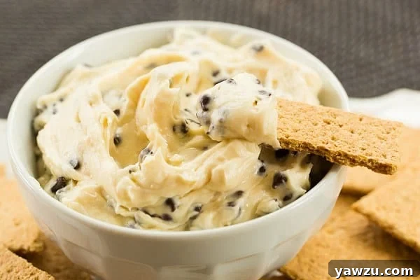 A scoop of chocolate chip cookie dough dip being served on a cracker, highlighting its creamy texture.