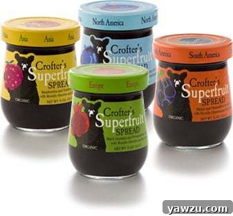 Four beautifully labelled jars of Crofter's Superfruit Spreads, showcasing their vibrant contents.