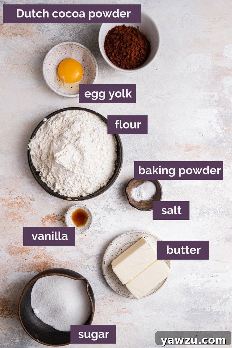 Ingredients for homemade Oreo cookies prepped and labeled.