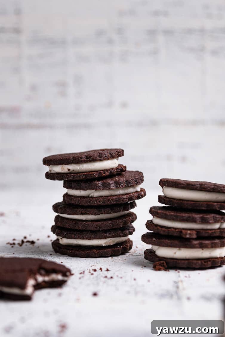 Homemade Oreo cookies stacked in two rows.