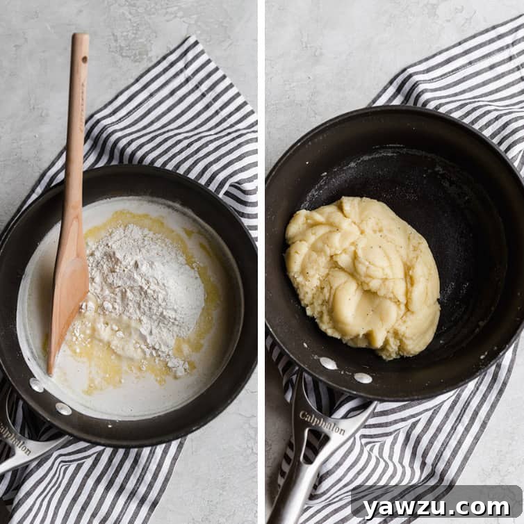 Side-by-side progression photos demonstrating the making of pâte à choux dough in a saucepan, from liquid to a cohesive ball.