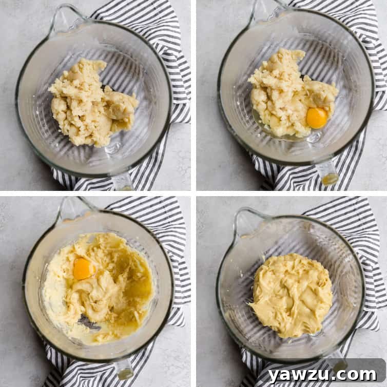 A four-panel collage showing the gradual incorporation of eggs into the warm pâte à choux dough, resulting in a smooth mixture.
