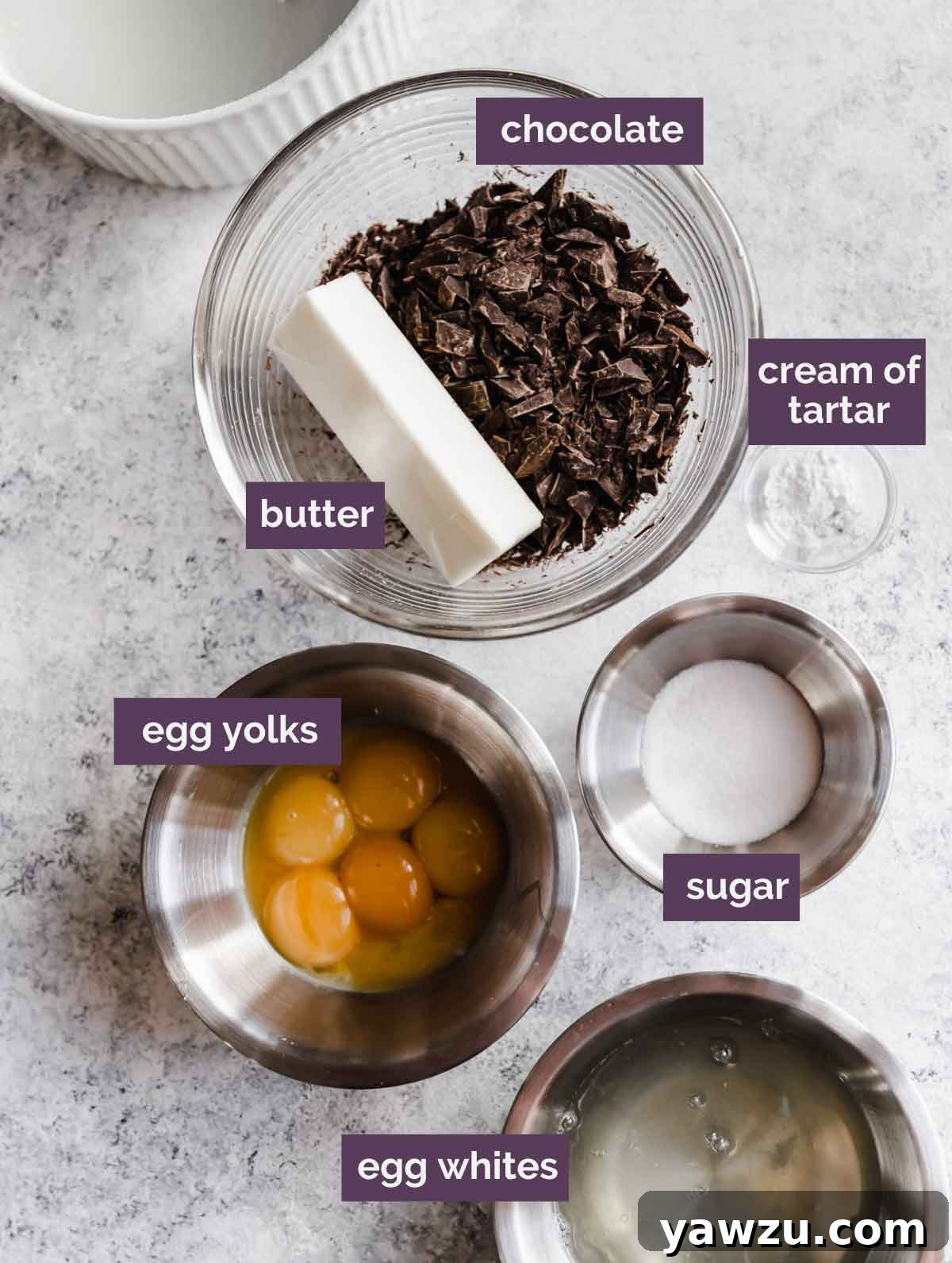 Ingredients for chocolate souffle prepped and labeled.