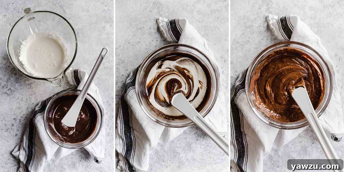 Three photo collage of melted chocolate and butter being mixed together with creamed egg yolks and sugar.