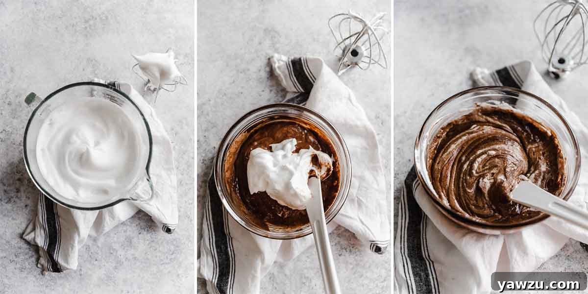 Three photo collage of whipped egg whites being folded into chocolate souffle batter.