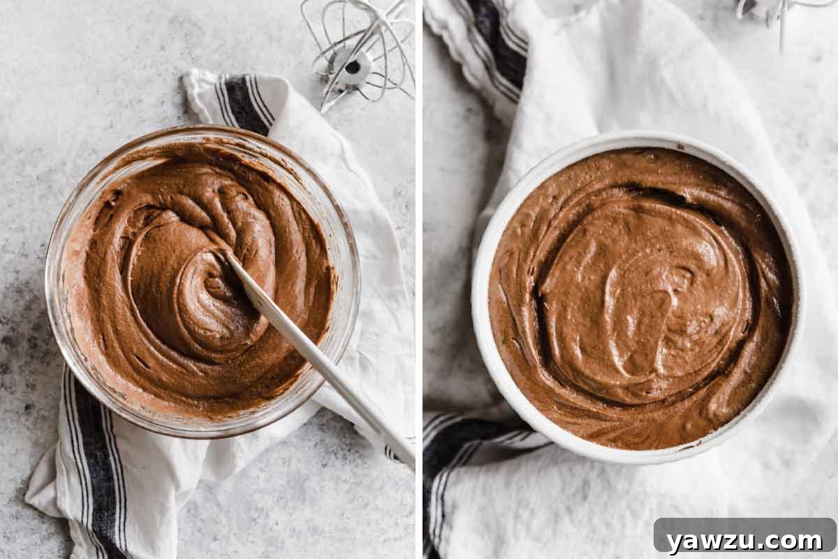 Final mixing of chocolate souffle batter, then batter in souffle dish before baking.
