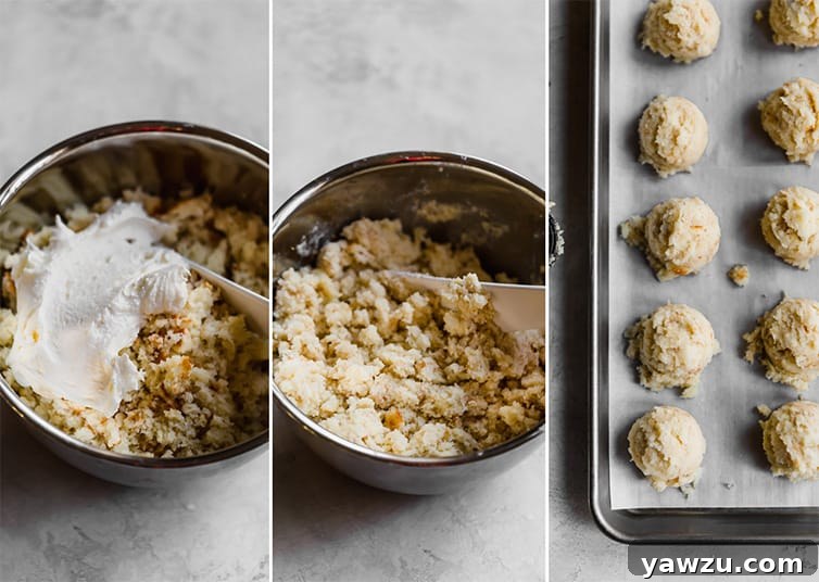 A photo collage showing the process of mixing yellow cake and vanilla frosting, followed by the cake mixture scooped into perfect balls.