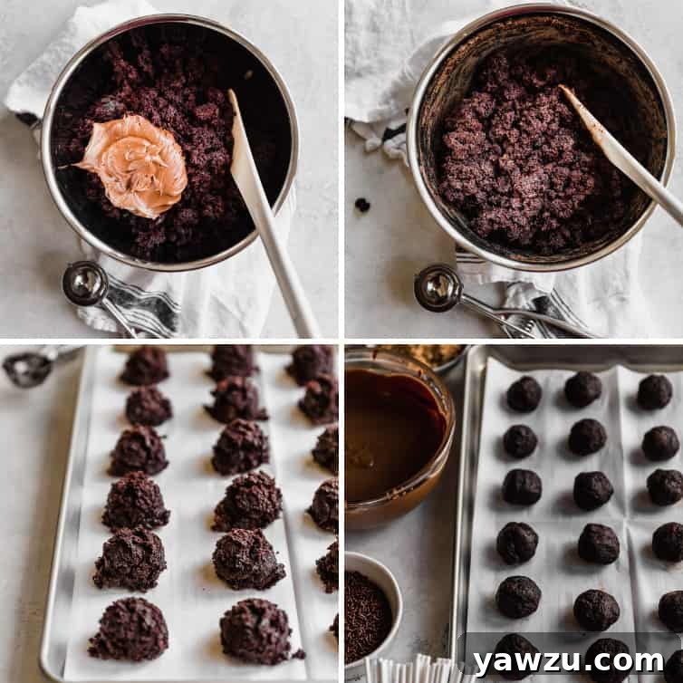 A photo collage showing the mixing of cake and frosting, and the formed chocolate cake pops ready for dipping.