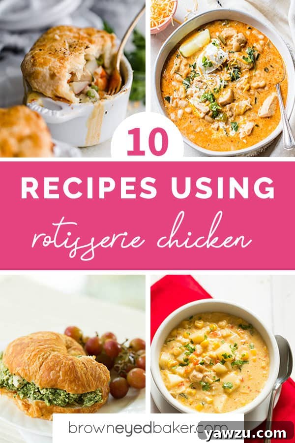 A vibrant collage of various easy dinner recipes featuring shredded rotisserie chicken, including creamy soups, hearty pies, and flavorful salads, perfect for quick weeknight meals.