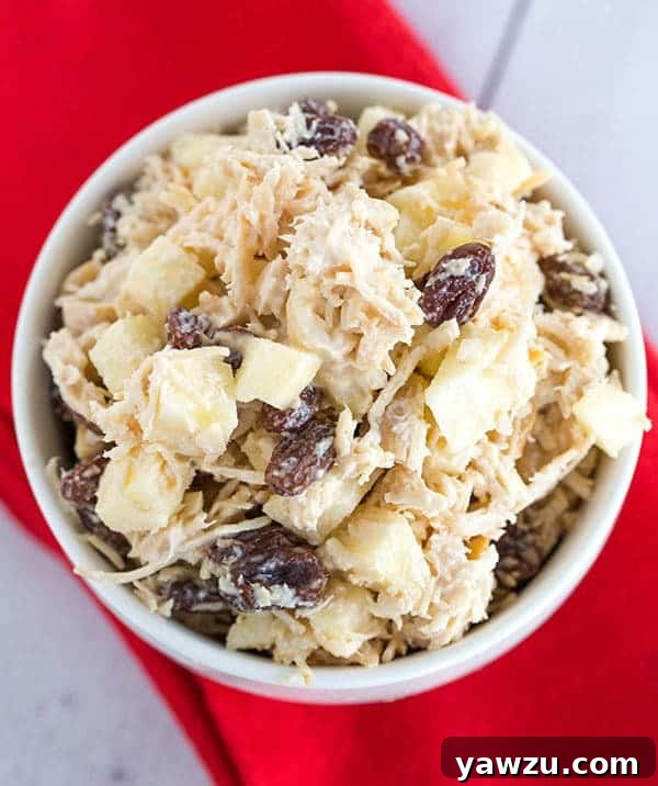 A generous scoop of homemade chicken salad with visible chunks of apple, plump raisins, and crunchy walnuts, presented as a delicious and easy lunch option.
